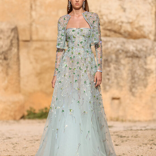 Elegant beaded evening dress with sleeves