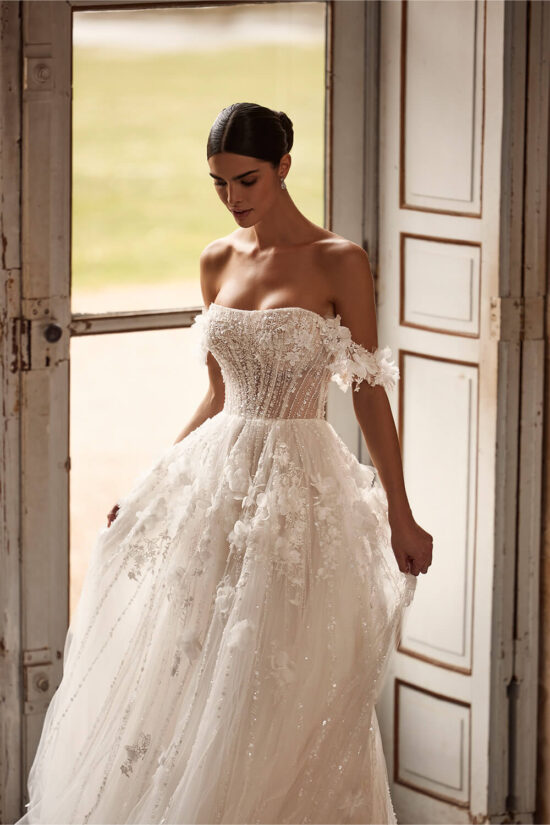 Off Shoulder Beaded Tulle Bridal Dress