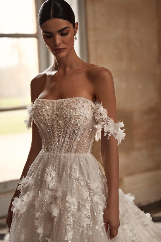 Off Shoulder Beaded Tulle Bridal Dress