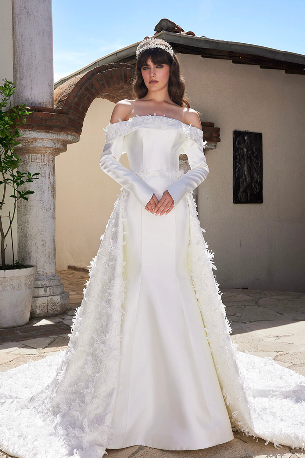 Off shoulder wedding dress with sleeves