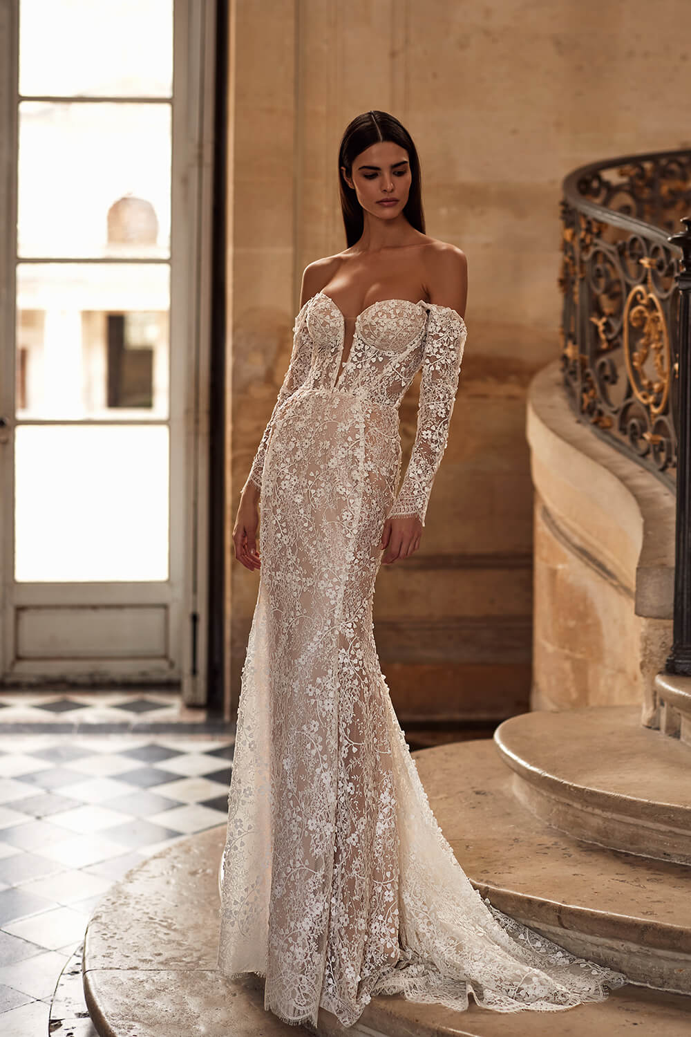 Off Shoulder beaded bridal dress with sleeves