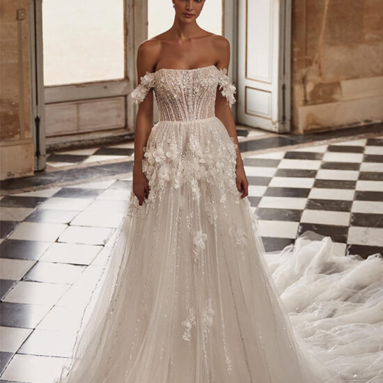 off Shoulder Beaded Tulle Bridal Dress