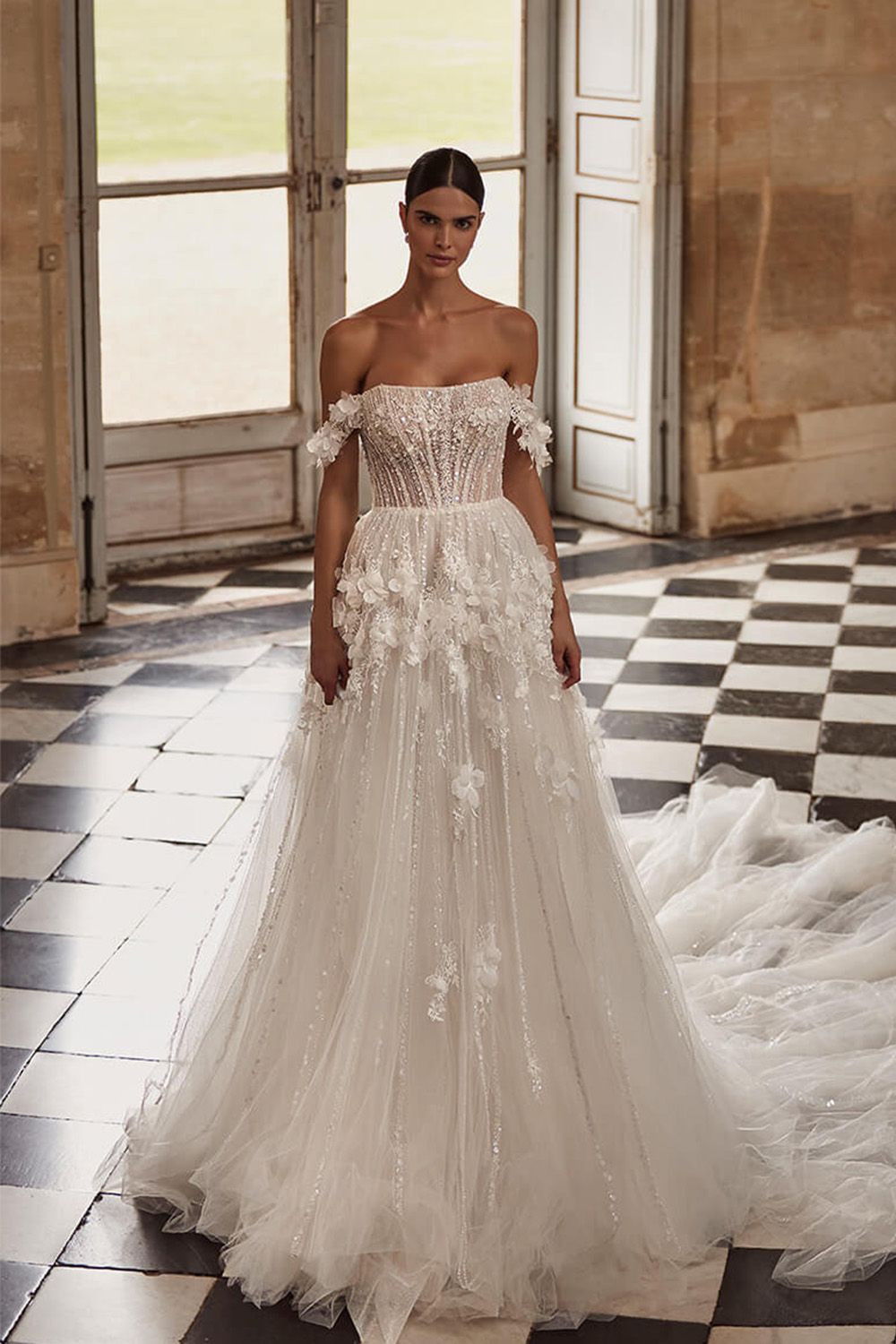 Off Shoulder Beaded Tulle Bridal Dress